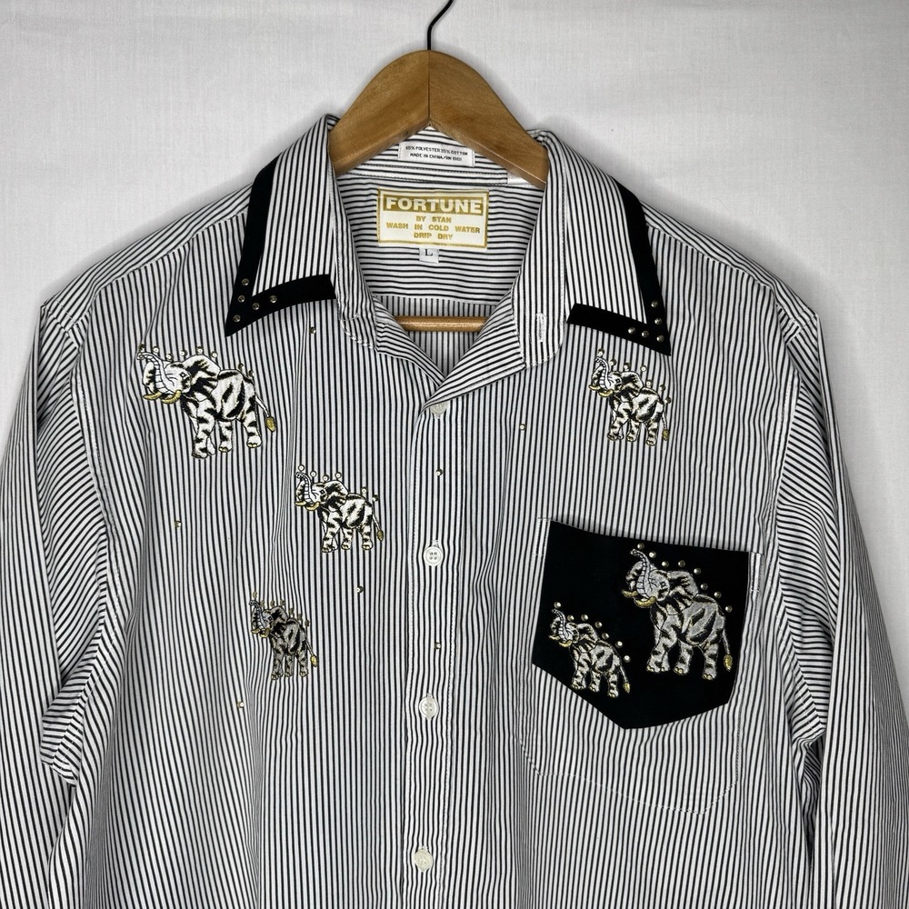 Vtg Fortune Women's L Black/White Stripe Safari Elephant Embroidered Button Up
